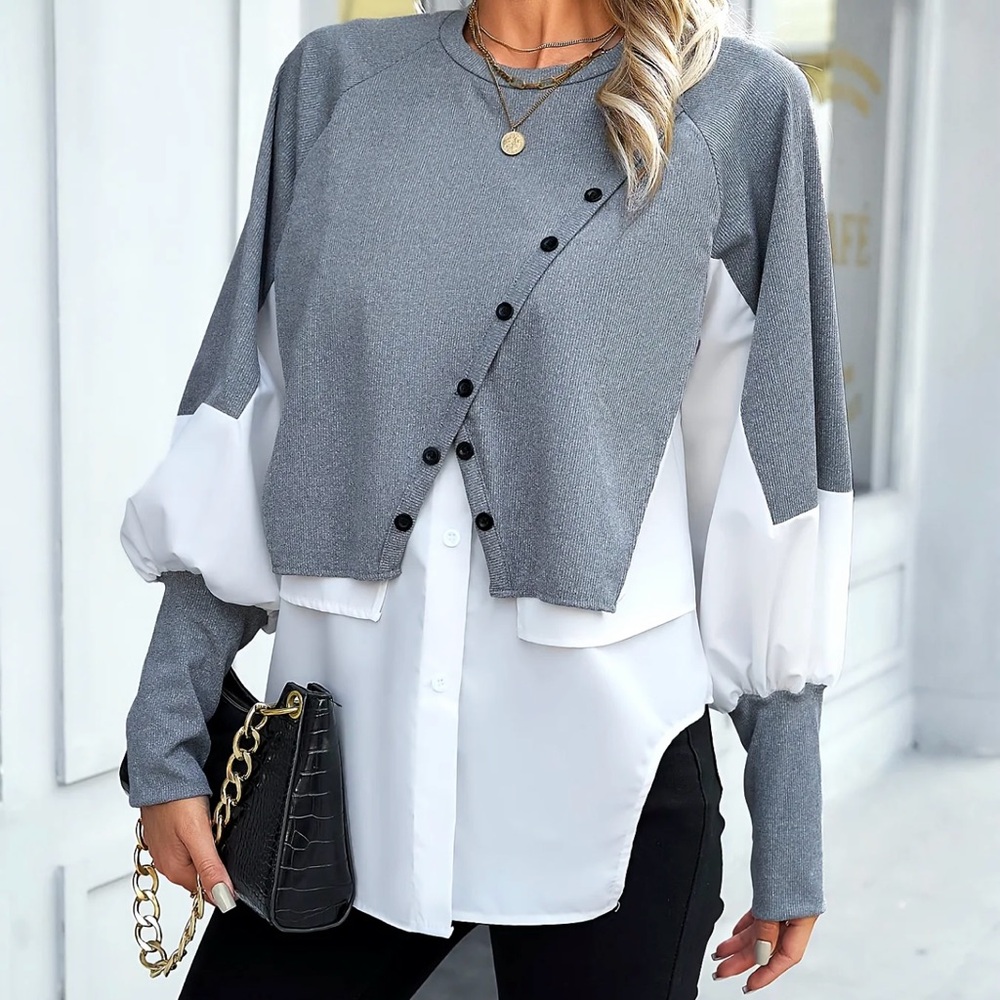 Stylish Patchwork, Asymmetrical Hem Blouse. - image 2